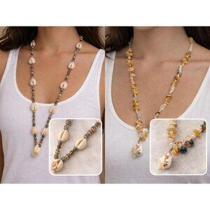 Y2K Cottagecore Shell Necklace Set Cowrie Seashell Beaded Beach Boho 2pc